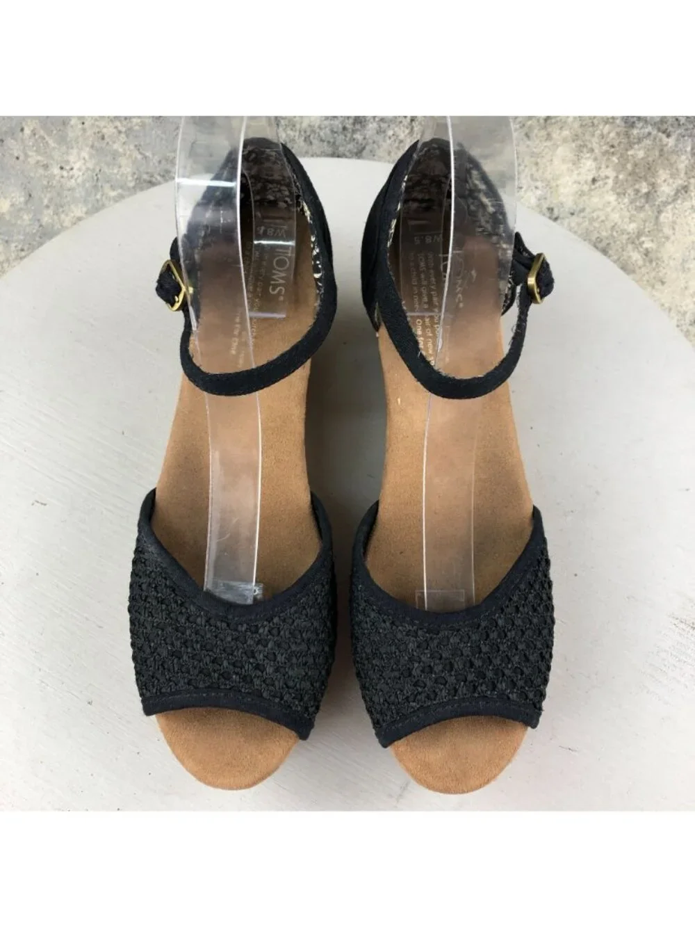 Toms Women's Size 8.5 Black Open Toe Ankle Strap High Heel Cork Wedges Sandals